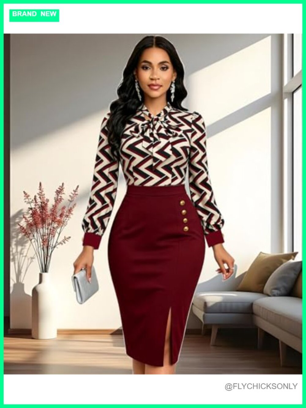 Women Formal Long Sleeve Midi Pencil Dress for Work Office Party - Picture 3 of 4